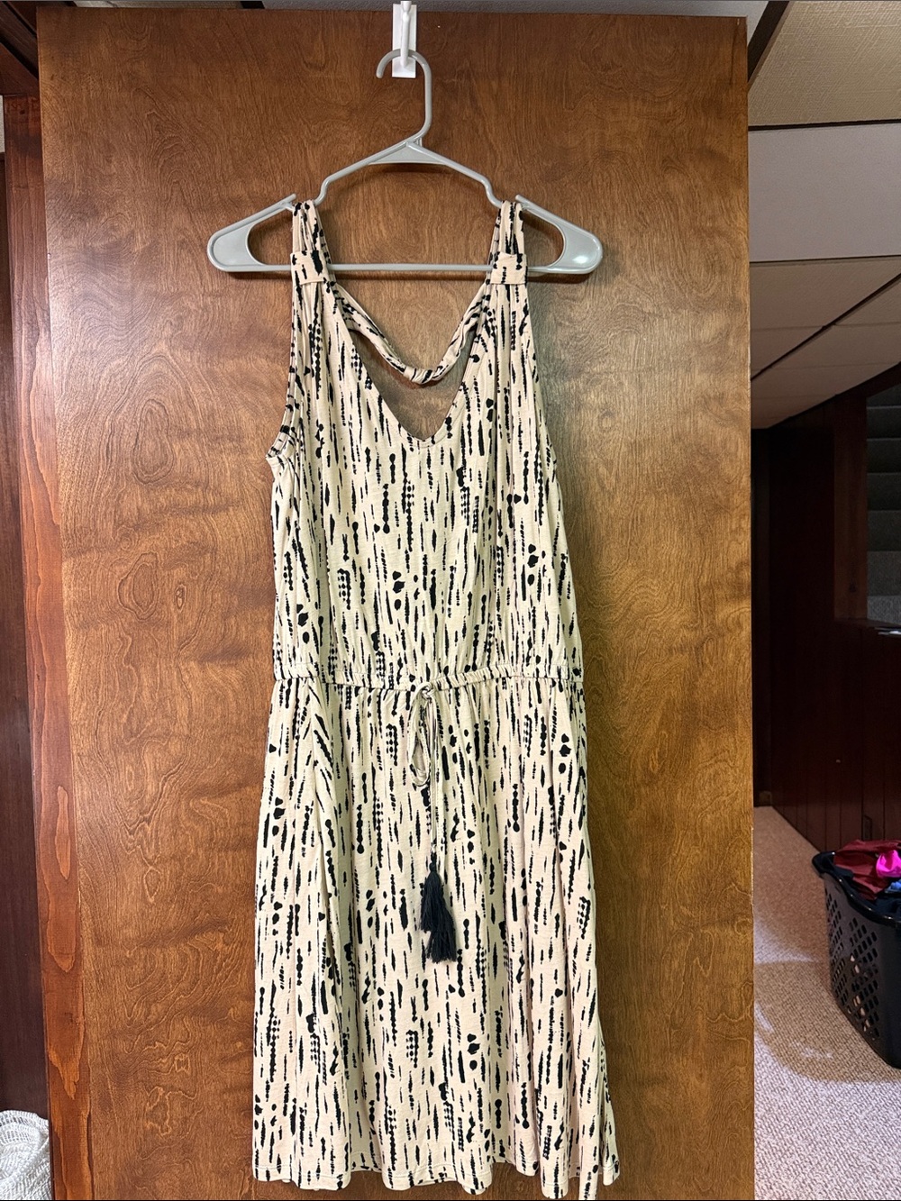 Sleeveless Cream and Black Midi Dress with Tie Waist